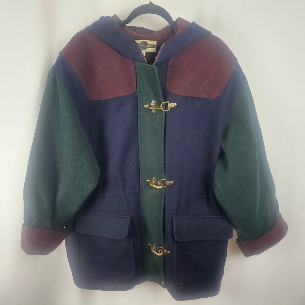 Vintage 80s OutBrook Colorblock Wool Hooded Jacket Mens L Firemans Clasp Korea